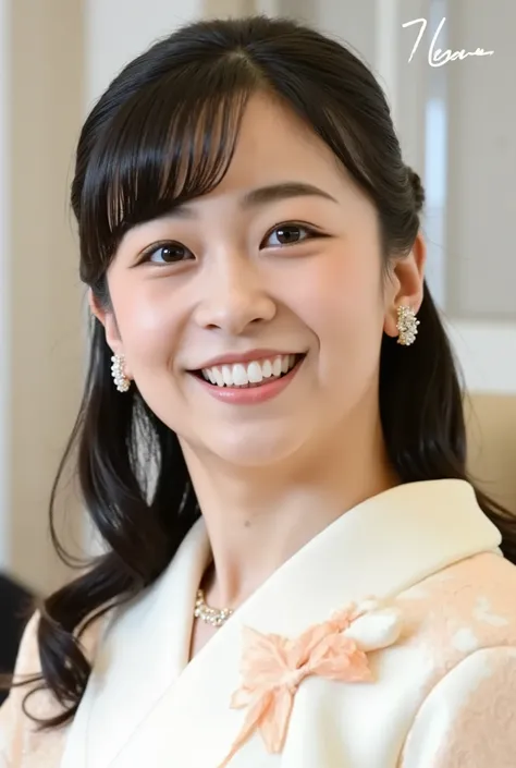 Neat Young Woman、formal wear、necklace、ear piercing、dark eyeshadow、smile showing teeth、upper body、Background is in a room