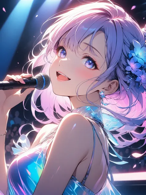 ( top quality,4K,8k, high definition , masterpiece :1.2),anime style。
Japanese female singer around 23 years old singing at a concert。wearing a light blue long dress。
Beautiful eyes depicted in detail。Light purple medium hair。ultra high definition, ana...