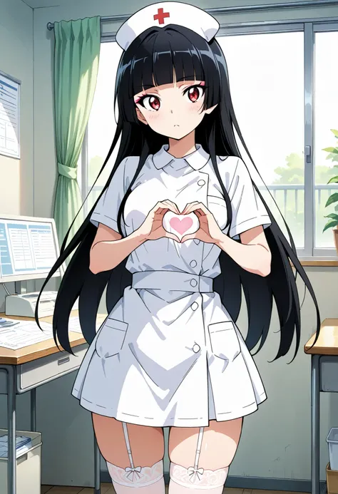 Highest Quality, details, high resolution, 8k, 超high resolution, shot from the front、(anime illustration style:1.2),standing、1 girl on a day off, solo、Rory Mercury、(Perfect eye alignment),long hair, black hair, Red Eyes, Bangs, blunt Bangs, princess cut,ma...