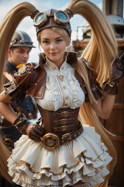 Realistic cute, A steampunk style girl, with extremely long long blond hair split with two ponytails, wearing brown aviator helmet , brown and white military uniform style dress with ruffles and corset, brown shoulder pads and gloves with buckles, mechani...