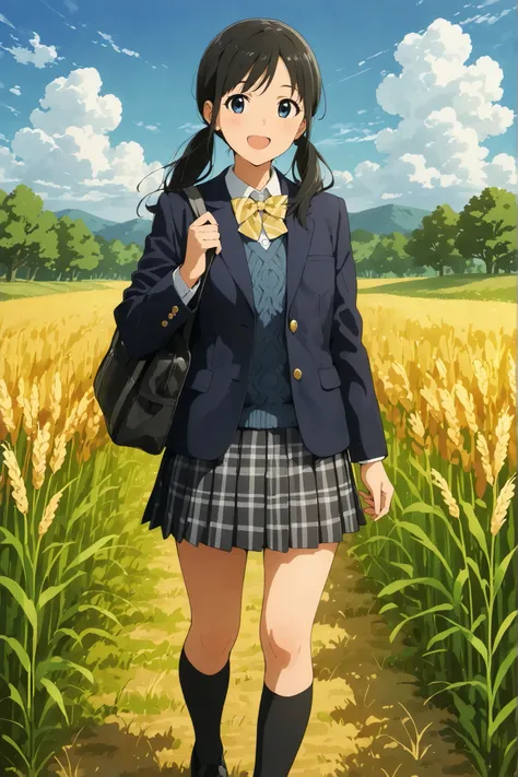 masterpiece, best quality, ultra-detailed, 7-heads-tall, full-body, clean anime style, Japanese high school girl standing in a vast wheat field under a clear early summer blue sky, surrounded by fresh green trees and golden wheat. She is wearing a navy blu...