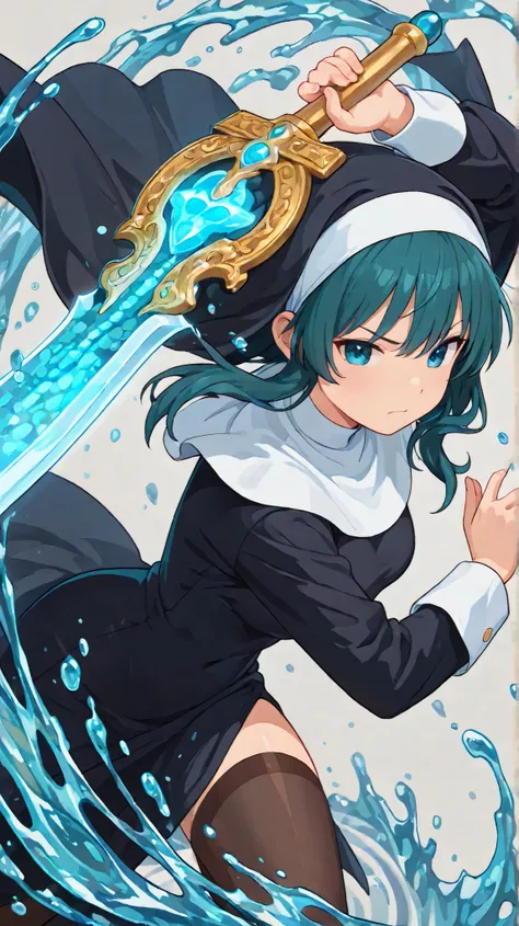 ultra detailed, best quality, absurd resolution, beautiful anime illustration, beautiful character portrait, Light Extremely Colored,1 woman, beautiful nun, turquois hair, bravery, holding white glowing transparent large bastard sword, white background, co...