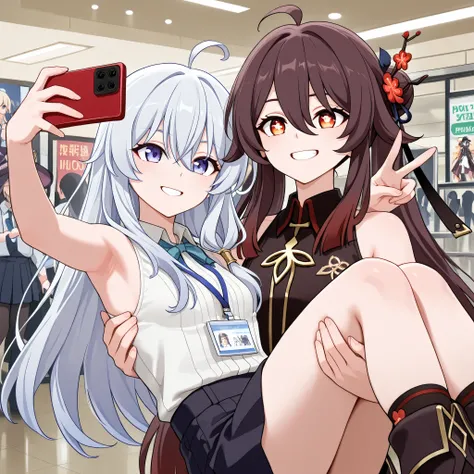 (masterpiece:1.2, Best Quality), (finely detailed beautiful eye: 1.2), (beautiful detailed face),2girls, character: Elaina (Majo no Tabitabi), character: Hu Tao - (Genshin Impact), carrying, taking picture, holding out phone, sleeveless, armpit, lanyard, p...