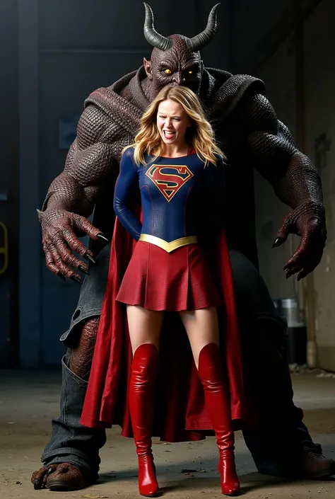 Melissa Benoist as Supergirl, she is screaming in pain, arms behind her back, try to resist, wearing a Supergirl costume, blue shirt and very short skirt, red high boots, she is harassed from behind by a huge body devil, A fierce devil is holding her arms ...