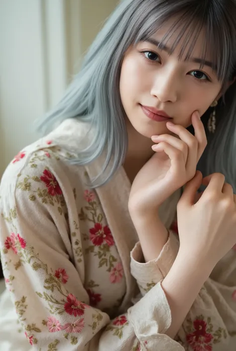 (masterpiece), (best quality:1.0), (ultra highres:1.0), portrait, 1 girl, , detailed beautiful, face focus, tomboy, skinny, very long hair, norway face, wallpaper 8k, (white colorful hair), beautiful woman, makeup, naked, full body, in a bedroom, soft ligh...