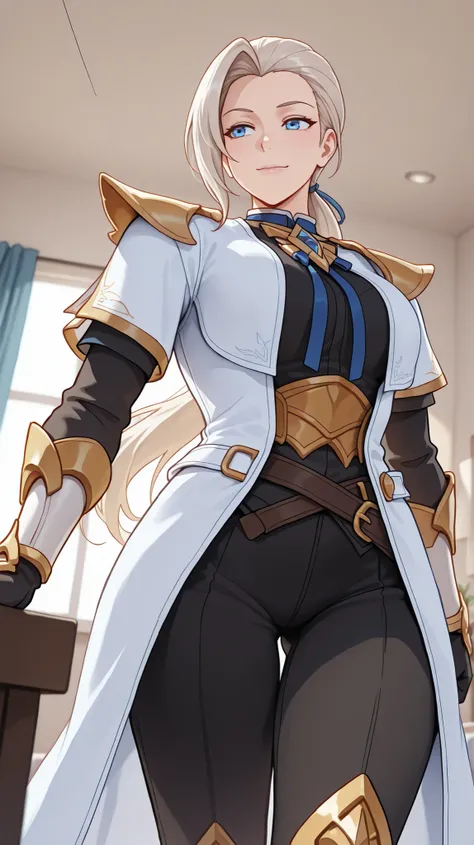 SilvanaBase, blue eyes, light blond hair, long haircut, low ponytail, side bangs, Long white gabardine coat with gold details, gold shoulder pads decorated with sharp tips, black shirt, blue bow, open coat, Gloves, black sleeves with gold trim, tight black...