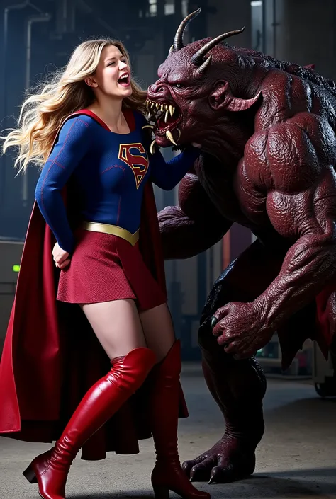 Melissa Benoist as Supergirl, fighting with a huge body devil, she is screaming in pain, arms behind her back, try to resist, wearing a Supergirl costume, blue shirt and very short skirt, red high boots, she is attacked from behind by a huge body devil, A ...