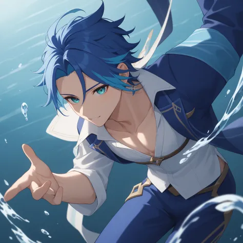 The anime features men, white-skinned, dark blue hair with light blue highlights, somewhat messy but soft hair, falling hair covering part of forehead, turquoise eyes, white shirt dress quilted transparent vest textured like water ripples decorated with sa...