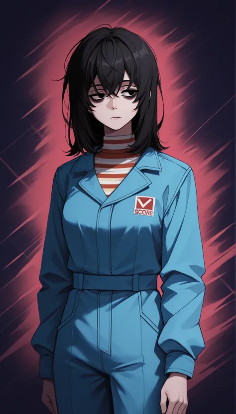 score_9, score_8_up, score_7_up, source_anime,  solo, 1girl, mthwshanya, expressionless, looking at you, standing, medium hair, black hair, black eyes, bags under eyes, blue jumpsuit, long sleeves, striped shirt, abstract background
