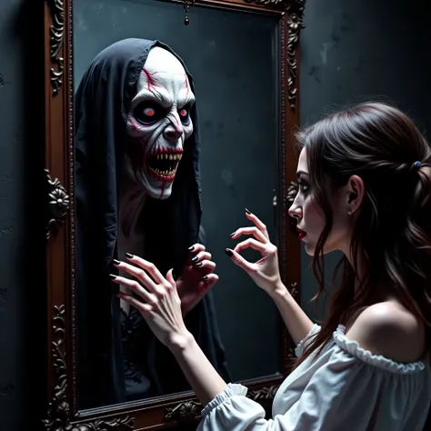 (masterpiece, best quality:1.2), horror scene, woman looks into a mirror and sees a demon staring back. Ultra-realistic, photo-realistic, ultra-detailed, physically-based rendering, spooky, scary, startling, bizarre, creepy, unnerving,freaky, odd, unusual,...