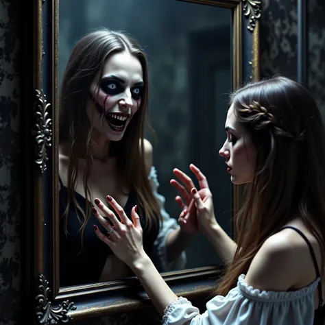 (masterpiece, best quality:1.2), horror scene, woman looks into a mirror and sees a demon staring back. Ultra-realistic, photo-realistic, ultra-detailed, physically-based rendering, spooky, scary, startling, bizarre, creepy, unnerving,freaky, odd, unusual,...
