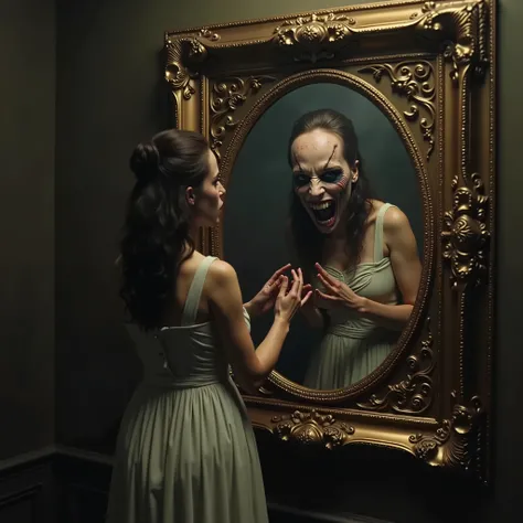 (masterpiece, best quality:1.2), horror scene, woman looks into a mirror and sees someone who is not her staring back. Ultra-realistic, photo-realistic, ultra-detailed, physically-based rendering, spooky, scary, startling, bizarre, creepy, unnerving,freaky...