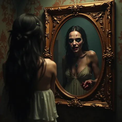 (masterpiece, best quality:1.2), horror scene, woman looks into a mirror and sees a demon staring back. Ultra-realistic, photo-realistic, ultra-detailed, physically-based rendering, spooky, scary, startling, bizarre, creepy, unnerving,freaky, odd, unusual,...