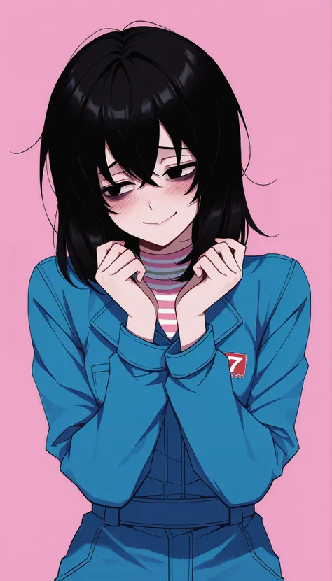 score_9, score_8_up, score_7_up, source_anime,  solo, 1girl, mthwshanya, shy smile, blush, looking at you, medium hair, black hair, black eyes, bags under eyes, blue jumpsuit, long sleeves, striped shirt, pastel pink cute background
