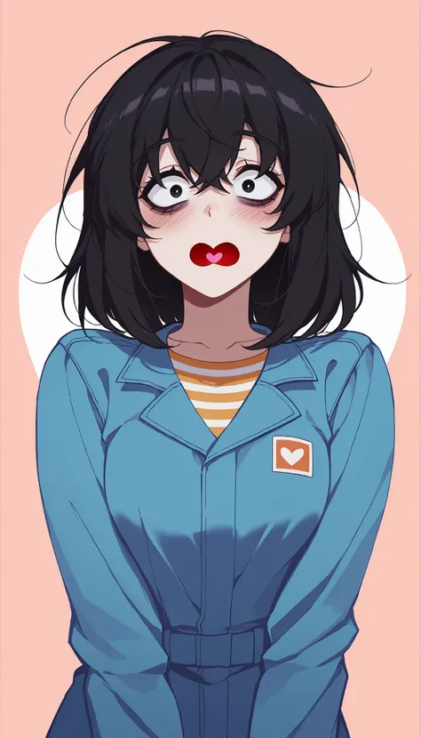 score_9, score_8_up, score_7_up, source_anime,  solo, 1girl, mthwshanya, open heart-shaped mouth, blush, surprised, looking at you, medium hair, black hair, black eyes, bags under eyes, blue jumpsuit, long sleeves, striped shirt, cute background, heart sym...