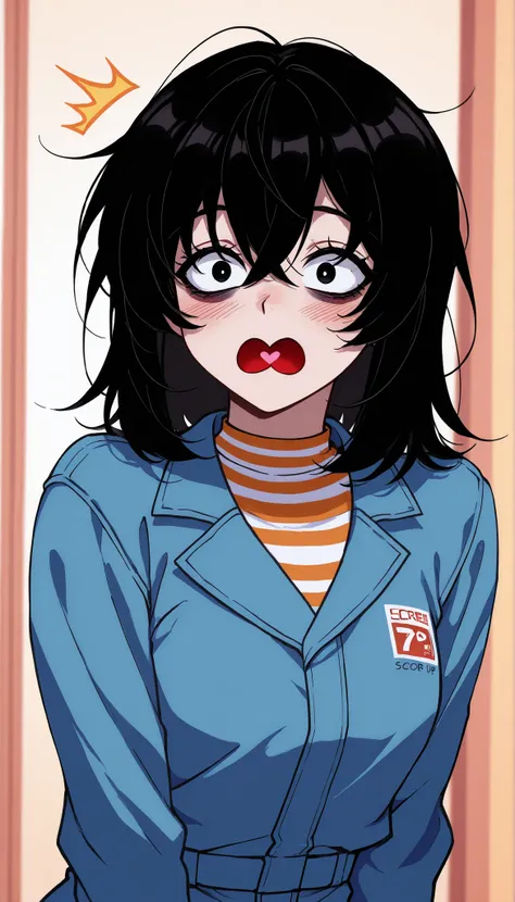 score_9, score_8_up, score_7_up, source_anime,  solo, 1girl, mthwshanya, open heart-shaped mouth, blush, surprised, looking at you, medium hair, black hair, black eyes, bags under eyes, blue jumpsuit, long sleeves, striped shirt, cute background

