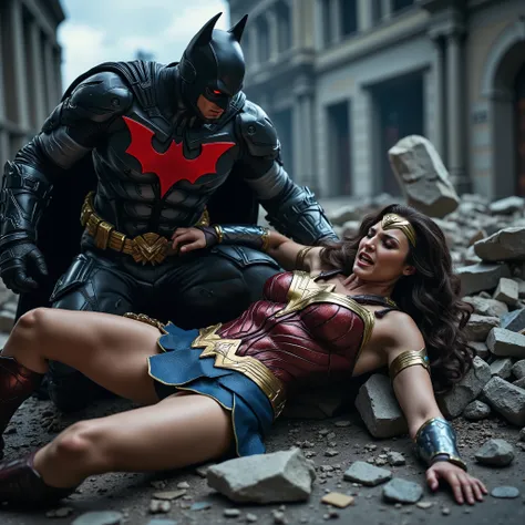 Wonder woman is laying down flat on the ruin, she is fighting with Batman and she is defeated, nervous, painful, eyes close, Batman is bending over her body, his eyes is red, red light on his eyes, whole body visible from head to feet, hyperrealism,