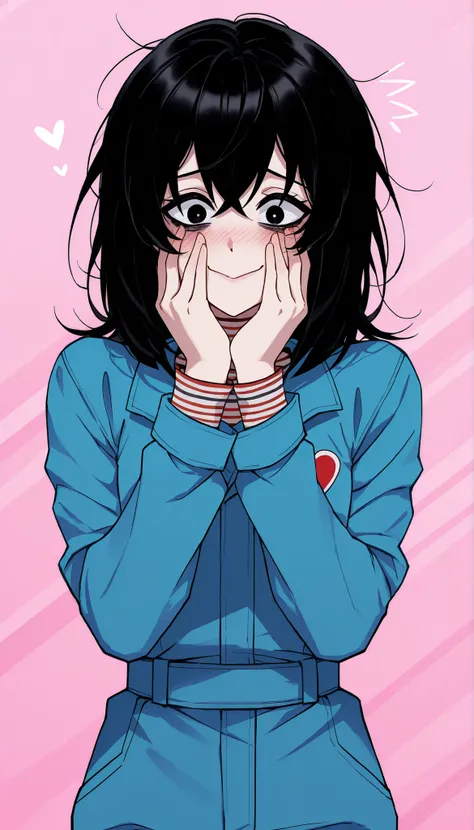 score_9, score_8_up, score_7_up, source_anime,  solo, 1girl, mthwshanya, shy smile, blush, surprised, looking at you, medium hair, black hair, black eyes, bags under eyes, blue jumpsuit, long sleeves, striped shirt, cute background, heart symbol, partially...