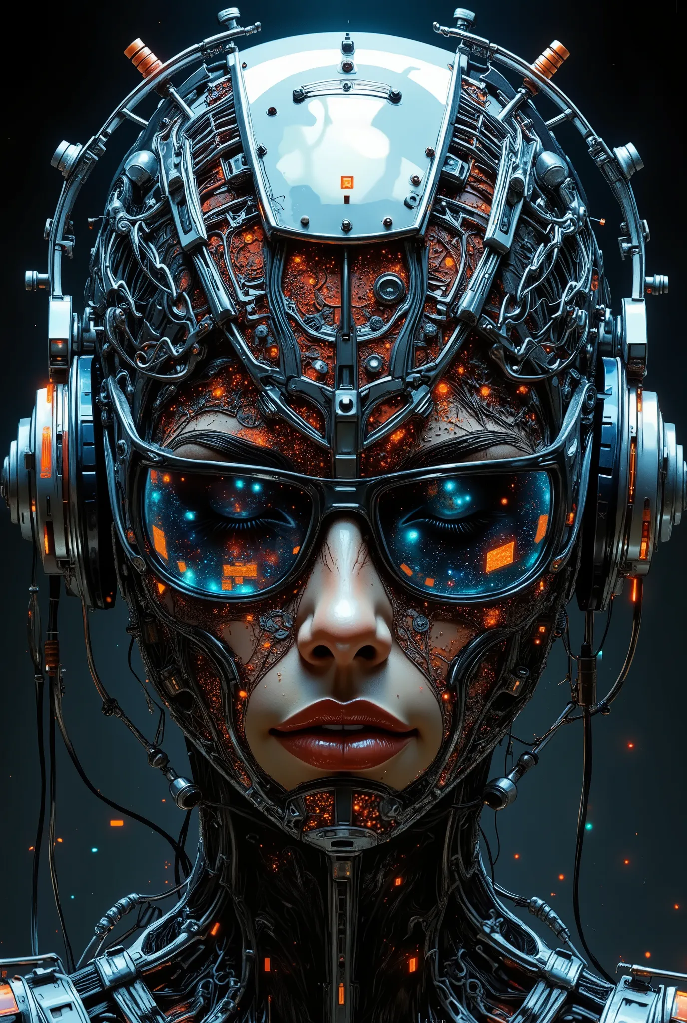 Head of a woman half sideways with a slight smile, composed entirely of small glass cubes. View from below, eyes closed. The character's head is wearing stylish headphones. Digital painting in style: Techno-Style, Cyberpunk Noir.