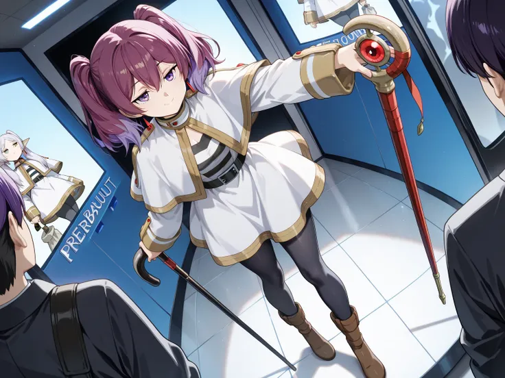 1 beautiful woman, solo, (incredible high resolution, masterpiece, highest quality, highly detailed, CG, high quality anime drawing, official style), (Frieren cosplay, white capelet, white shirt, belt, white skirt, black pantyhose, boots, holding a cane), (purple hair, long pigtails reaching the waist, purple eyes, jitome: 1.2, beautiful legs, perfect female proportions, attractive proportions), (joyful smile, model pose), (full body image, background: comic convention venue, cosplay venue, comic convention participants, merchandise booth, people around taking pictures of the woman, super beautiful detailed background, sexy cutout, dynamic angle, strong lighting that highlights the character's figure and the texture of the dress)