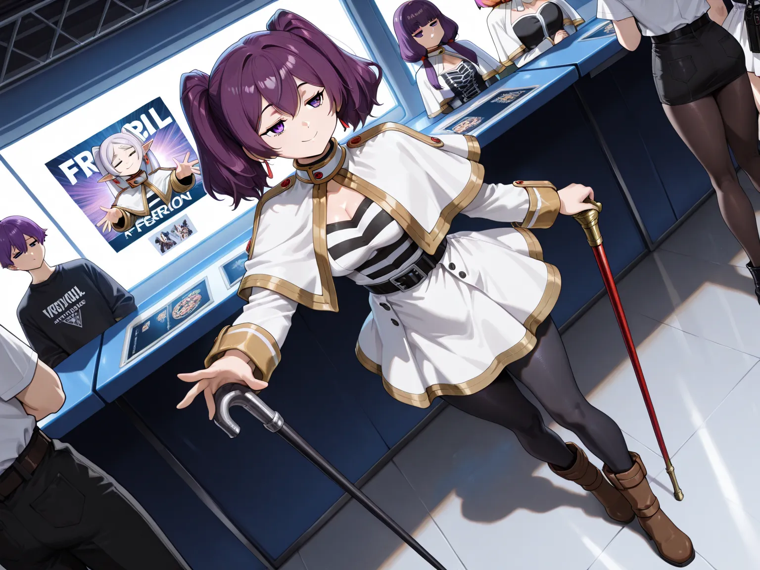 1 beautiful woman, solo, (incredible high resolution, masterpiece, highest quality, highly detailed, CG, high quality anime drawing, official style), (Frieren cosplay, white capelet, white shirt, belt, white skirt, black pantyhose, boots, holding a cane), (purple hair, long pigtails reaching the waist, purple eyes, jitome: 1.2, beautiful legs, perfect female proportions, attractive proportions), (joyful smile, model pose), (full body image, background: comic convention venue, cosplay venue, comic convention participants, merchandise booth, people around taking pictures of the woman, super beautiful detailed background, sexy cutout, dynamic angle, strong lighting that highlights the character's figure and the texture of the dress)