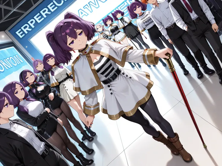 1 beautiful woman, solo, (incredible high resolution, masterpiece, highest quality, highly detailed, CG, high quality anime drawing, official style), (Frieren cosplay, white capelet, white shirt, belt, white skirt, black pantyhose, boots, holding a cane), (purple hair, long pigtails reaching the waist, purple eyes, jitome: 1.2, beautiful legs, perfect female proportions, attractive proportions), (joyful smile, model pose), (full body image, background: comic convention venue, cosplay venue, comic convention participants, merchandise booth, people around taking pictures of the woman, super beautiful detailed background, sexy cutout, dynamic angle, strong lighting that highlights the character's figure and the texture of the dress)