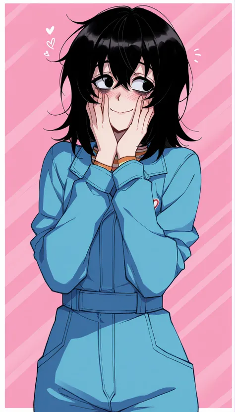 score_9, score_8_up, score_7_up, source_anime,  solo, 1girl, mthwshanya, small shy smile, blush, surprised, looking away, medium hair, black hair, black eyes, bags under eyes, blue jumpsuit, long sleeves, striped shirt, cute background, heart symbol, parti...