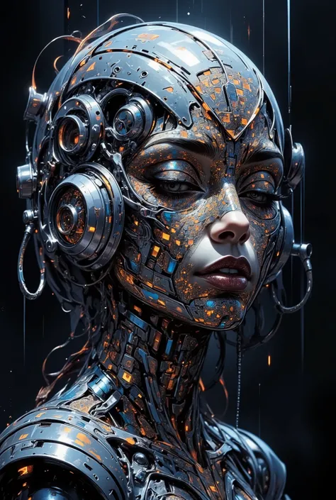 Head of a woman half sideways with a slight smile, composed entirely of small glass cubes. View from below, eyes closed. The character's head is wearing stylish headphones. Digital painting in style: Techno-Style, Cyberpunk Noir.