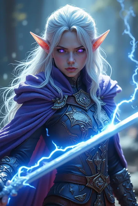 ((full body)), beautiful elf in medieval clothes and a fighter with a magic sword of thunder, she is overwhelmed with electricity, has a serious face for combat, full body,  silver hair, luminous purple eyes, very white skin, White-blond hair,  role-playin...