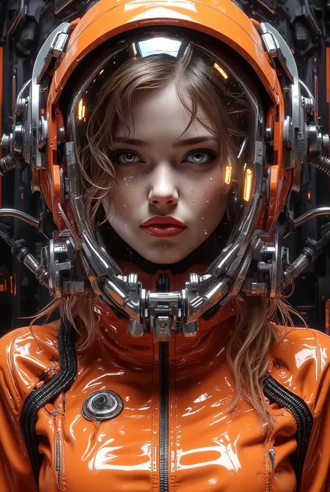 A close-up portrait of a young girl, probably in her early twenties, wearing a detailed, realistic orange space suit. The woman has fair skin. Her expression is serene and focused, her gaze slightly downcast. Her hair, medium brown, falls in loose waves...
