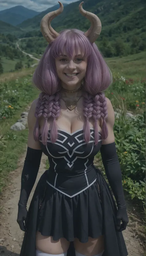 score_9, score_8_up, score_7_up, source_anime,
auratheguillotine, 
aura the guillotine, long hair, purple eyes, purple hair, braid, horns, twin braids,
skirt, thighhighs, gloves, choker, black gloves, elbow gloves,
outdoors, landscape, bent over, smile, so...