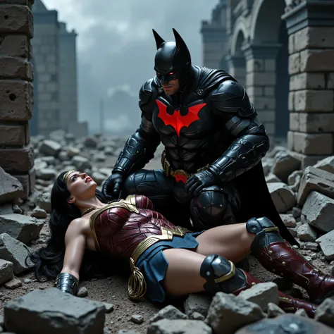 Wonder woman is laying down flat on the ruin, she is fighting with Batman and she is defeated, nervous, painful, eyes close, Batman is bending over her body, his eyes is red, red light on his eyes, whole body visible from head to feet, hyperrealism,
