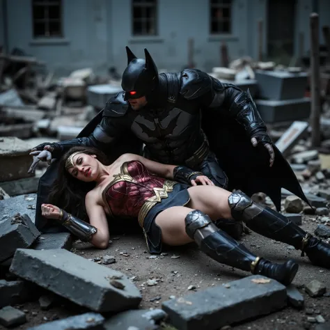 Wonder woman is laying down flat on the ruin, she is fighting with Batman and she is defeated, nervous, painful, eyes close, Batman is bending over her body, his eyes is red, red light on his eyes, whole body visible from head to feet, hyperrealism,