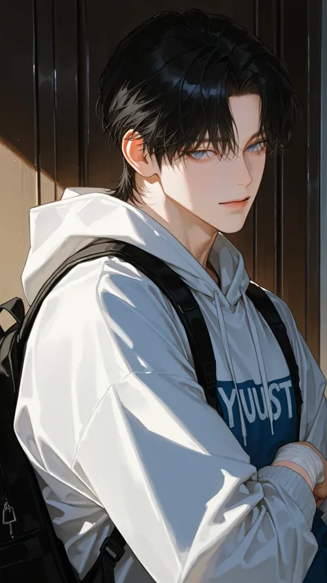 same face as reference, 27 year old male, mature male, handsome, parted bangs, black hair, blue eyes, Head swept back, handsome man, Perfect Eyes , Impressionist Paintings , realistic skin, Semi Realistic Details, high detail, and a body with built muscle...