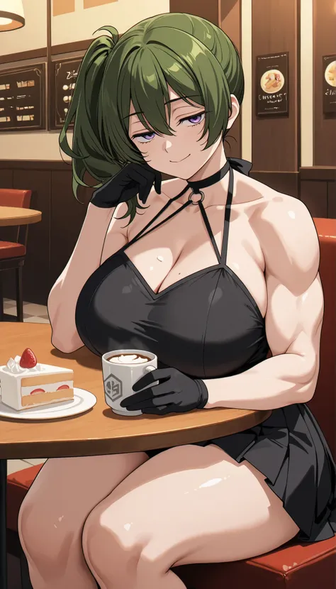 score_9, score_8_up, score_7_up, score_6_up, score_5_up, score_4_up, source_anime, screenshots,  ubel,1girl,green hair, bangs,hair between eyes,side ponytail, purple eyes,black choker, collarbone, sleeveless, black dress,sleeveless dress, halterneck,pleate...