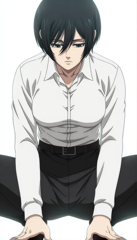 anime coloring, anime screencap, mikasa ackerman, 1girl, solo, short hair, black hair, looking down, closed mouth, white shirt, collared shirt, dress shirt, belt, black pants, squatting pose , from earth below between thighs, , white background, simple bac...