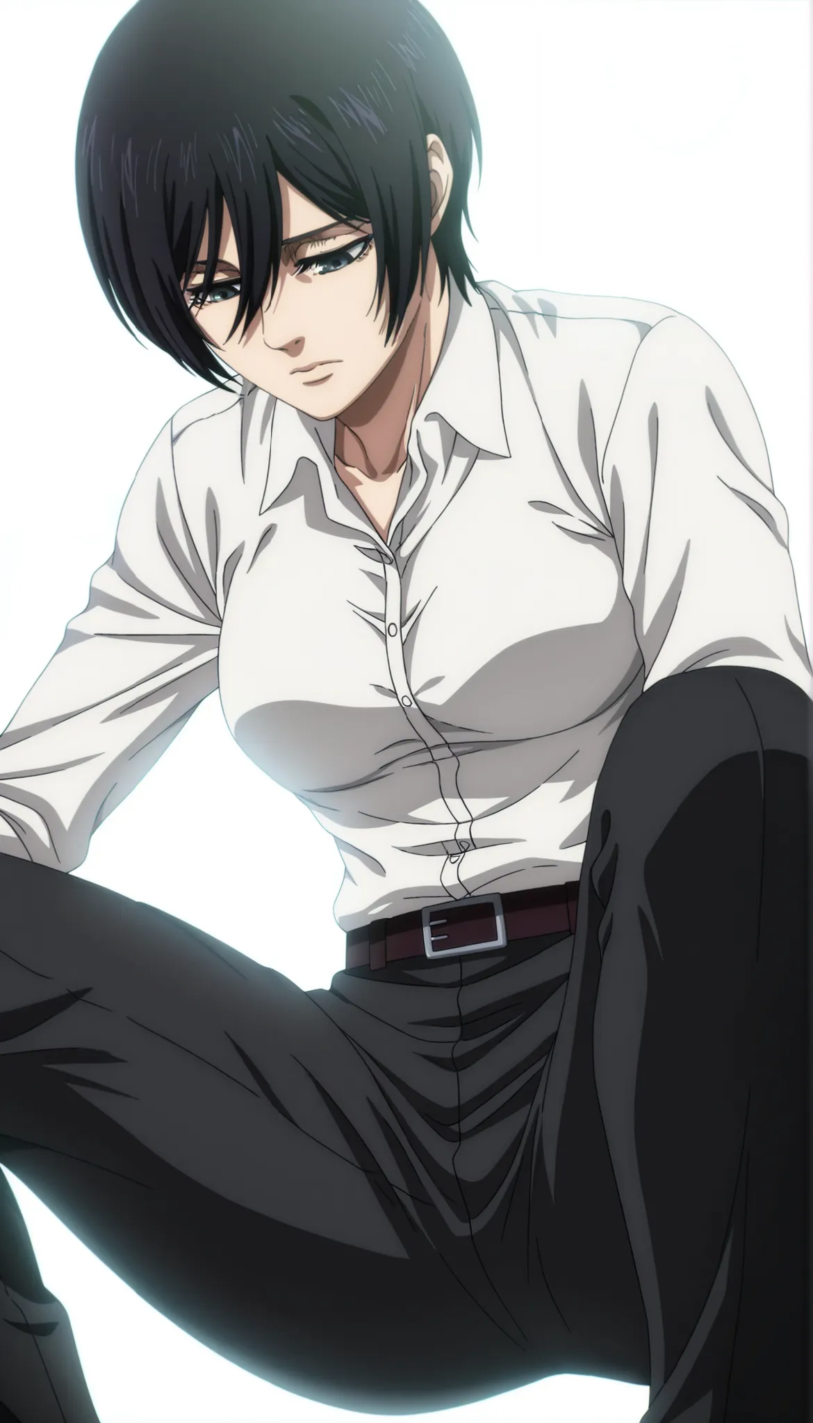 anime coloring, anime screencap, mikasa ackerman, 1girl, solo, short hair, black hair, looking down, closed mouth, white shirt, collared shirt, dress shirt, belt, black pants, squatting , from below between thighs, , white background, simple background, ma...