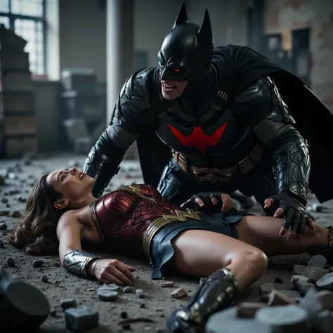 Wonder woman is laying down flat on the ruin, she is fighting with Batman and she is defeated, nervous, painful, eyes close, Batman is bending over her body, his eyes is red, red light on his eyes, whole body visible from head to feet, hyperrealism,