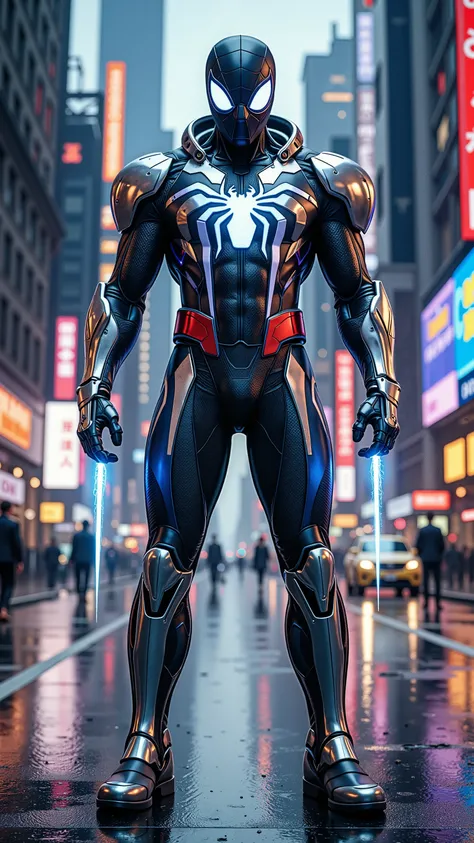 "Futuristic Spider-Man in chrome cyber armor with silver-blue reflective plates, glowing web-shooters, mechanical joints, standing heroically from head to toe, full body in frame, centered composition, neon-lit futuristic city backdrop, cinematic lighting,...