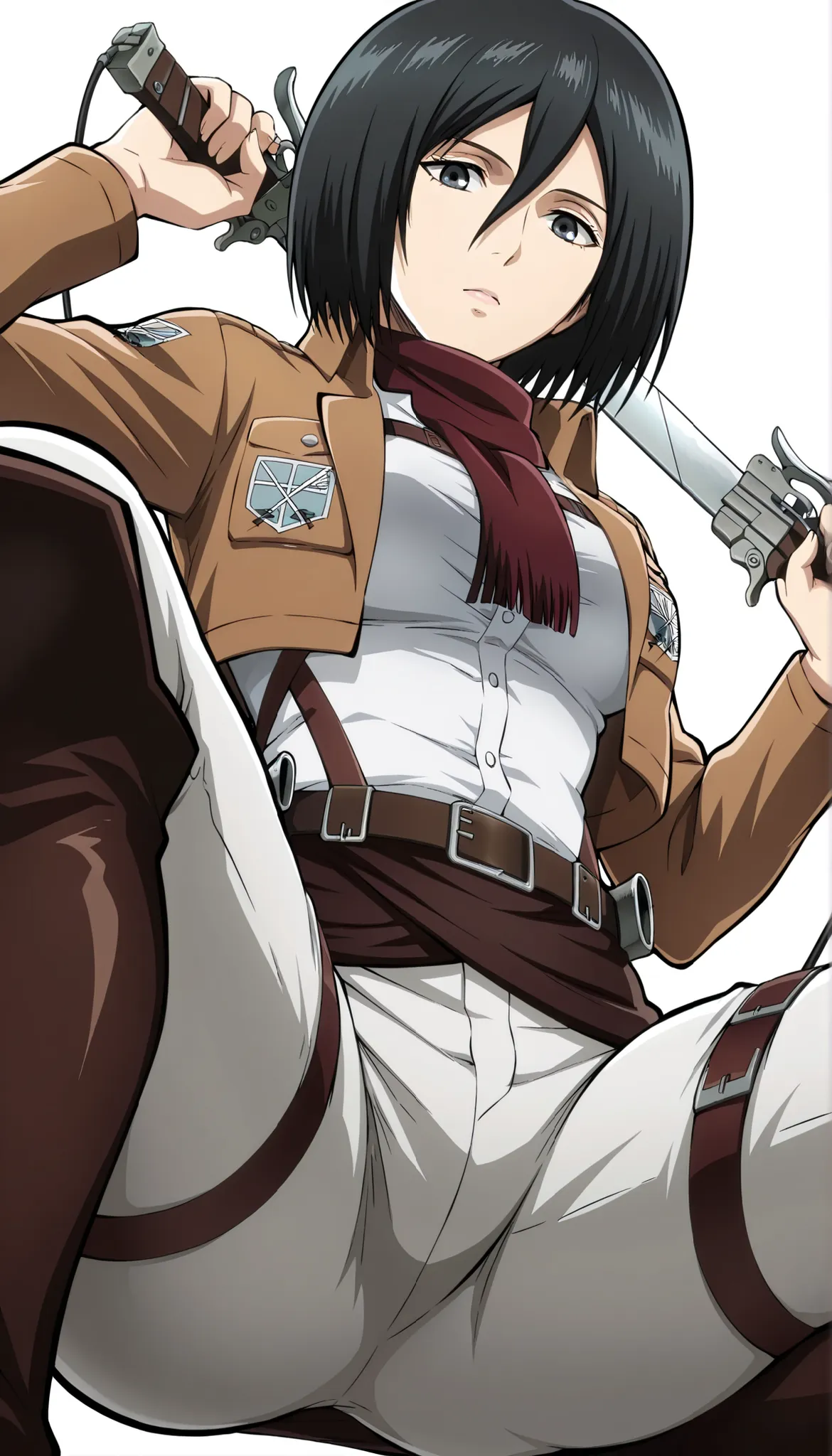 mikasa ackerman, 1girl, short hair, black hair, looking at viewer, closed mouth, paradis military uniform, scarf, jacket, open jacket, shirt, belt, thigh strap, pants, soft thighs , l, , dual wielding, squatting  , looking at viewer from below between her ...