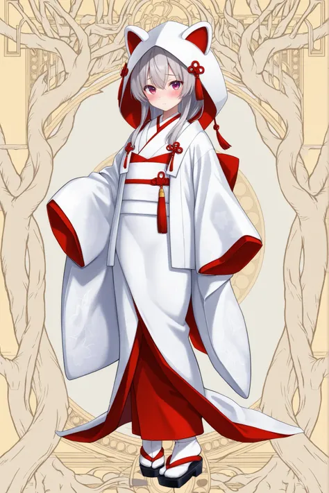 1girl, solo, long hair, looking at viewer, blush, long sleeves, animal ears, closed mouth, standing, full body, grey hair, japanese clothes, shiro-muku, socks, hood, wide sleeves, kimono, sleeves past wrists, white socks, sandals, obi, tassel, sleeves past...