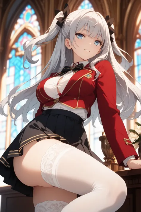 Jin and the Royal Family,,Slender Big Breasts, , blue eyes,Silver Hair Color,Two Side Up, hair bow, black bow, split bangs, white knee-high stockings,Red blazer and red bra with a wide upper body,Golden embroidery,checked mini skirt,Breasts Visible Naked,,...
