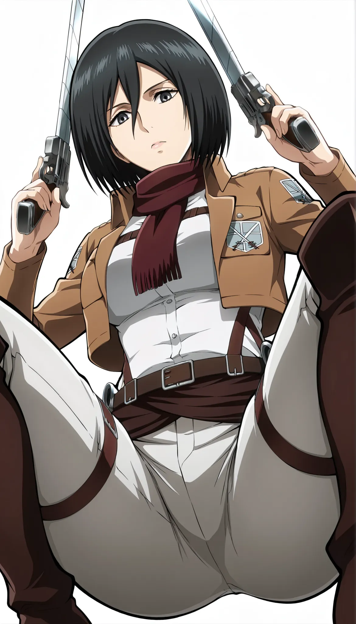 mikasa ackerman, 1girl, short hair, black hair, looking at viewer, closed mouth, paradis military uniform, scarf, jacket, open jacket, shirt, belt, thigh strap, pants, soft thighs , l, , dual wielding, squatting  , looking at viewer from below between her ...