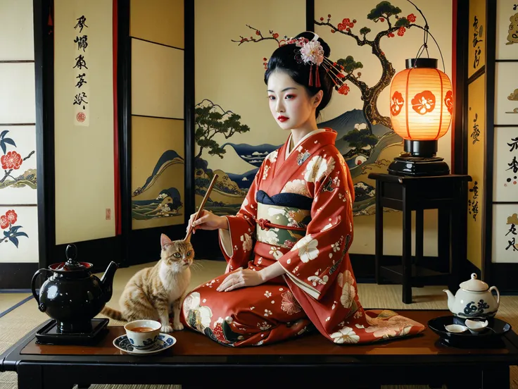 Arab woman in kimono dress with cat and lantern, Japanese art style, Tea Ceremony Scene, Japanese art art, Japanese art, traditional Japanese art, classical Japanese art,  Ukiyo-e,  Ukiyo-eスタイル, old Japanese art,  Japanese Skilled Geisha , Woodcut by -e 
