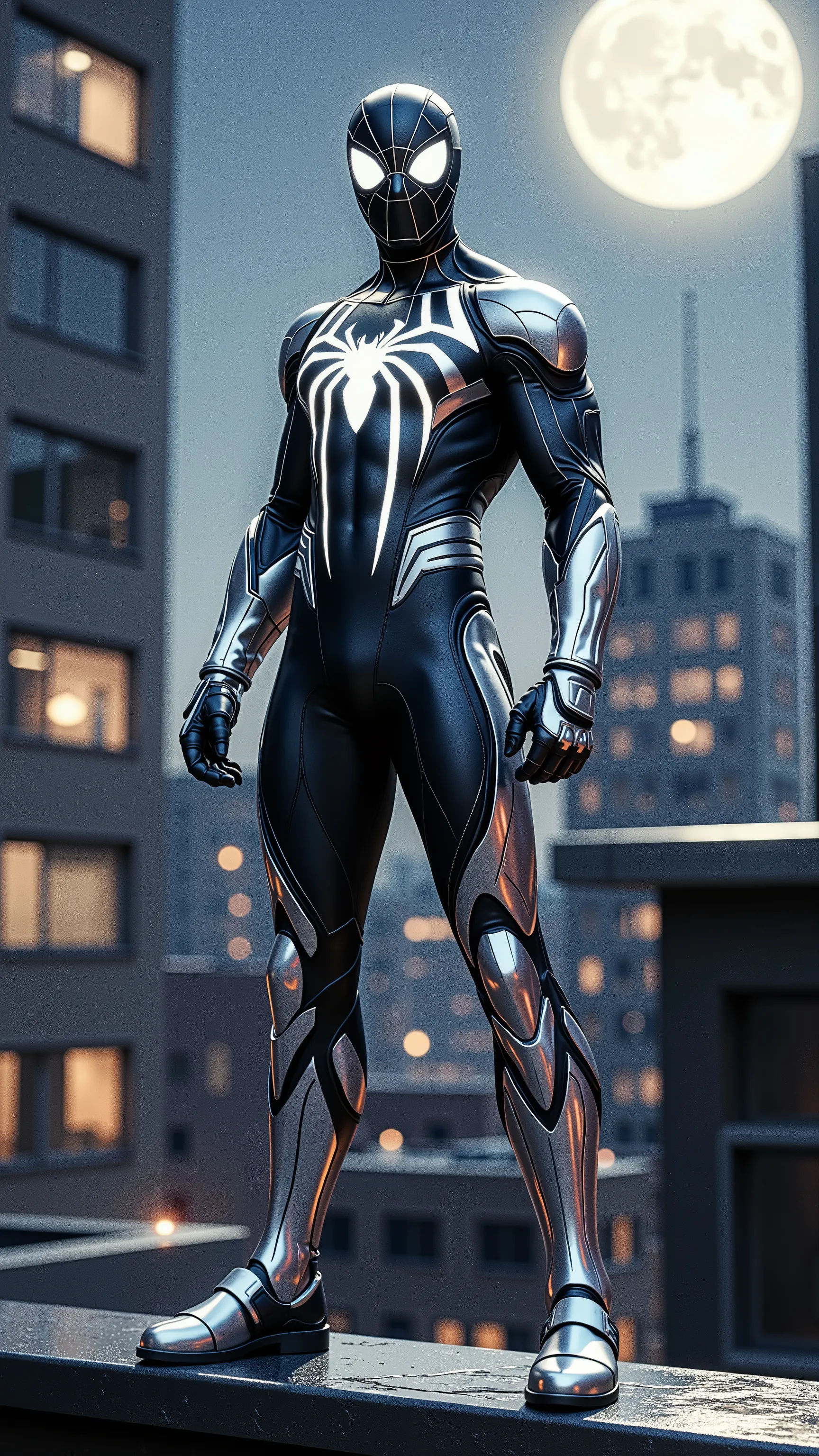 "Sleek and polished Spider-Man in reflective silver armor, glowing white eyes, agile and elegant stance, standing from head to toe, full body in frame, moonlit rooftop in the background, ultra-detailed, cinematic atmosphere, 8K"