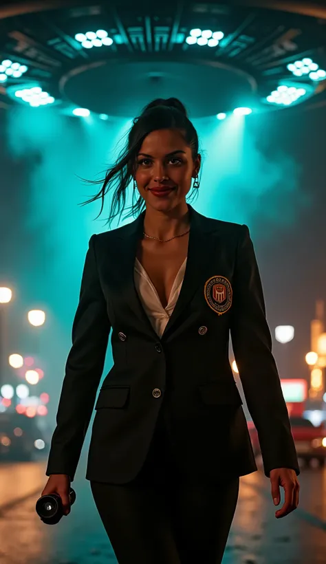(low-angle perspective:1.6), (medium-shot:1.8), fearless FBI agent in black suit (voluptuous cleavage, white V-neck blouse), official FBI logo patch on the left chest, gripping an iPhone 15 Pro Max and tactical flashlight, the flashlight is on,intense eye ...