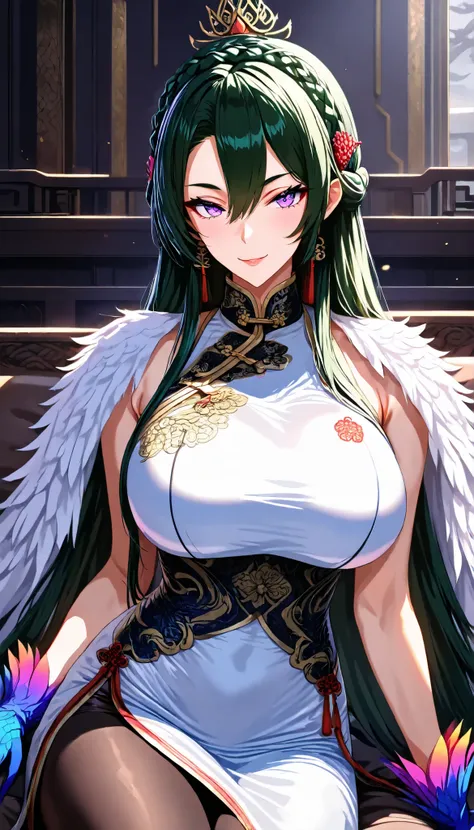 A hen Female,Perfect body,Oppai, (Dark green hair,long hair,crown braid, sidelocks,bangs between eyes),(Purple eyes), (Wearing A White sleeveless Cheongsam),(Colorful feather gloves),(A Feather Vest on her shoulder),black pantyhose,Sitting on a Chinese Lux...