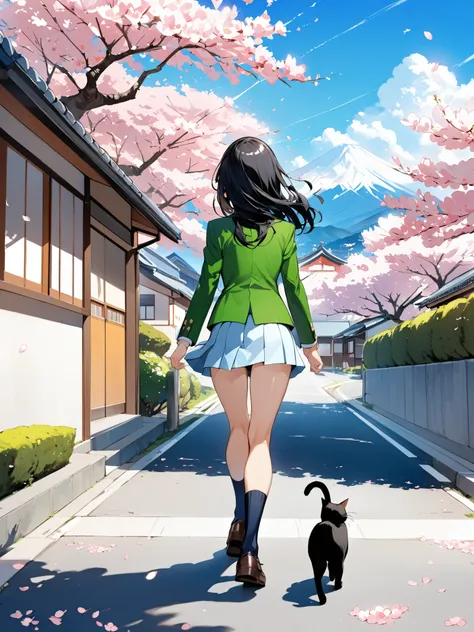 Japanese high school girl、long black hair、Red ribbon on the back of the head 、cute smile、Invincible Smile、Navy Blue and Green Blazer Uniform、White and Blue Strife Miniskirt、Black School Socks、Dark Brown Strappy Leather Shoes、May Clear Skies、Mountains in th...