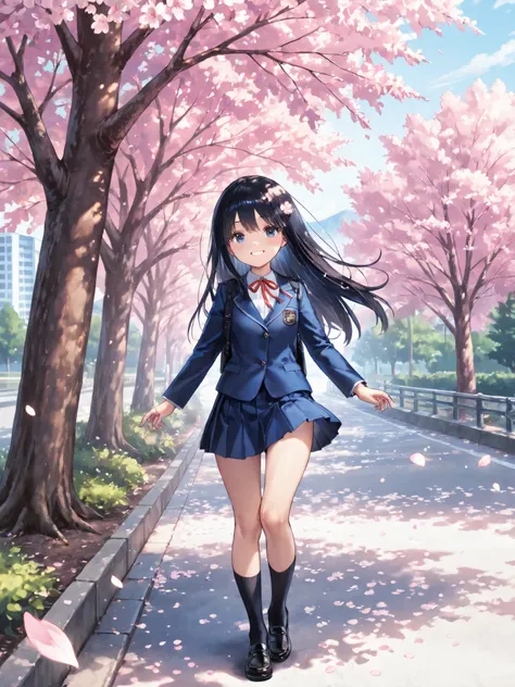 Soft Touch Images、 soft contrast、Japanese high school girl、long black hair、Red ribbon on the back of the head 、cute smile、Invincible Smile、Navy Blue and Green Blazer Uniform、White and Blue Strife Miniskirt、Black School Socks、Dark Brown Strappy Leather Shoe...