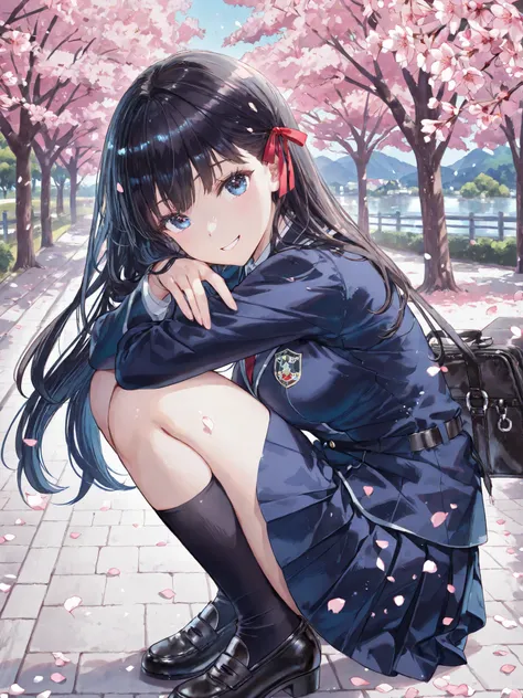 Soft Touch Images、 soft contrast、Japanese high school girl、long black hair、Red ribbon on the back of the head 、cute smile、Invincible Smile、Navy Blue and Green Blazer Uniform、White and Blue Strife Miniskirt、Black School Socks、Dark Brown Strappy Leather Shoe...